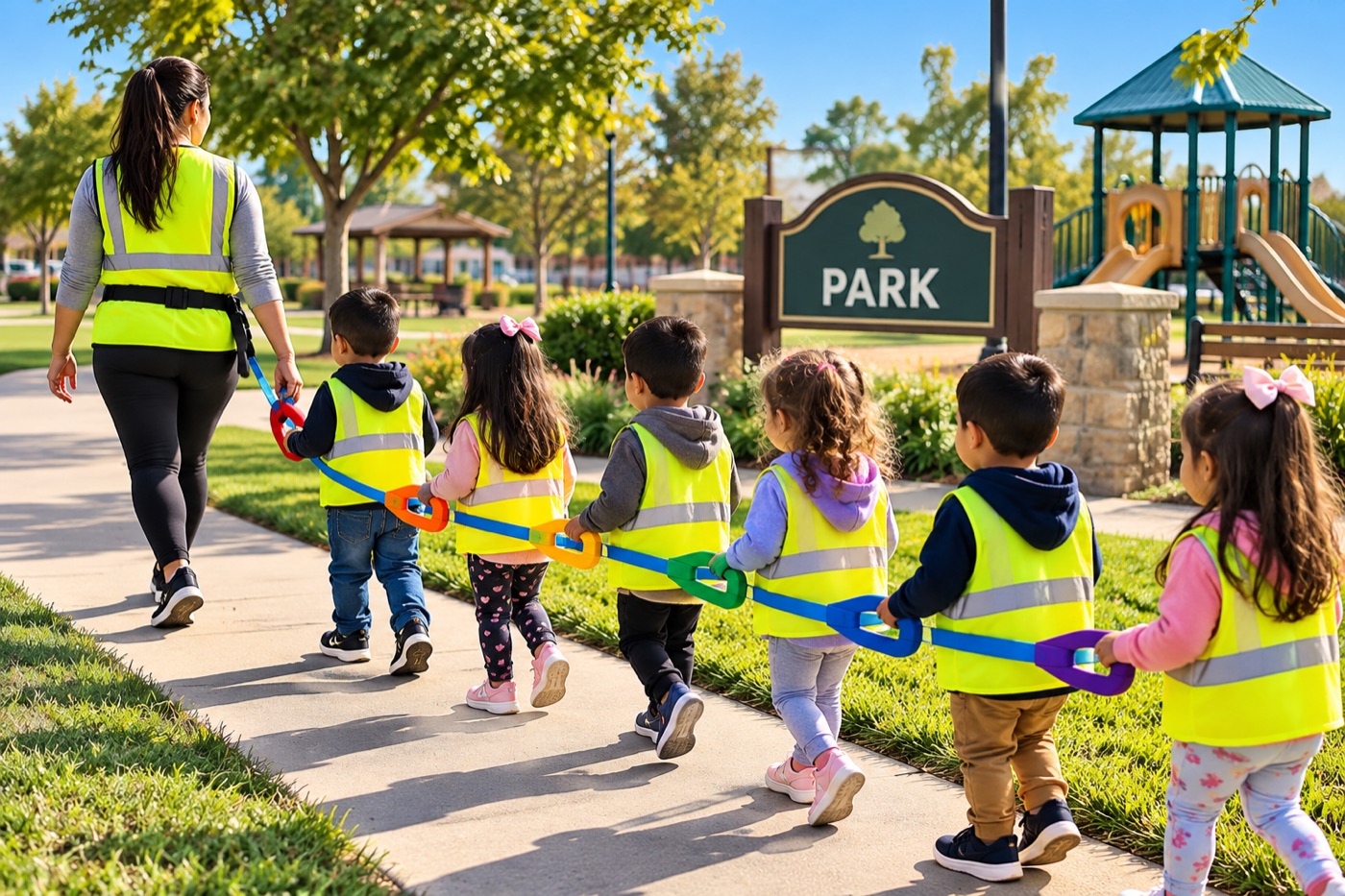 Children in safety vests walking to the park with their caregiver